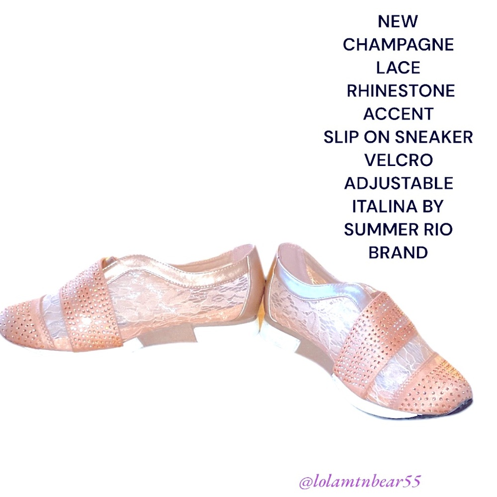 NEW IN BOX CHAMPAGNE LACE RHINESTONE ACCENT VELCRO SLIP ON SNEAKER SZ 8.5 UNIQUE